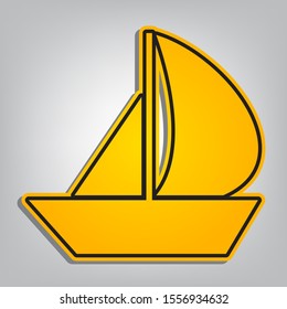 Sail Boat sign. Flat orange icon with overlapping linear black icon with gray shadow at whitish background. Illustration.