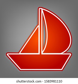 Sail Boat sign. Flat red icon with linear white icon with gray shadow at grayish background. Illustration.
