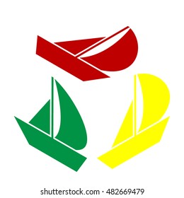 Sail Boat sign. Isometric style of red, green and yellow icon.