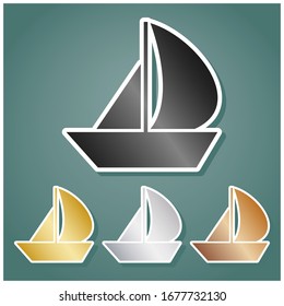 Sail Boat sign. Set of metallic Icons with gray, gold, silver and bronze gradient with white contour and shadow at viridan background. Illustration.