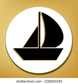 Sail Boat sign. Vector. Black icon with light brown shadow in white circle with shaped ring at golden background.