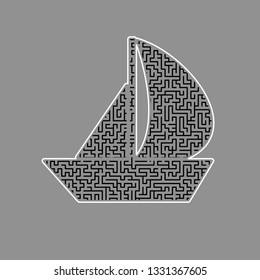 Sail Boat sign. Vector. Black maze filled icon with white border at gray background.