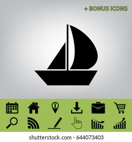 Sail Boat sign. Vector. Black icon at gray background with bonus icons at celery ones