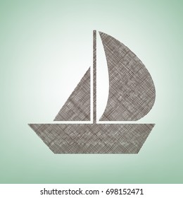 Sail Boat sign. Vector. Brown flax icon on green background with light spot at the center.