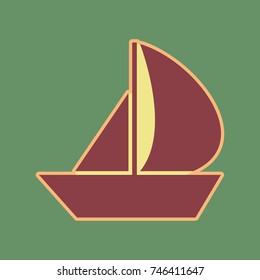 Sail Boat sign. Vector. Cordovan icon and mellow apricot halo with light khaki filled space at russian green background.