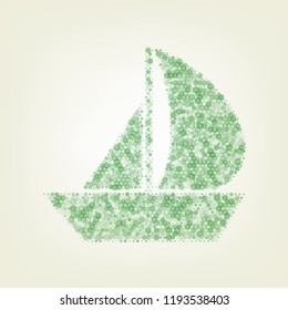 Sail Boat sign. Vector. Green hexagon rastered icon and noised opacity and size at light green background with central light.