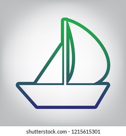 Sail Boat sign. Vector. Green to blue gradient contour icon at grayish background with light in center.