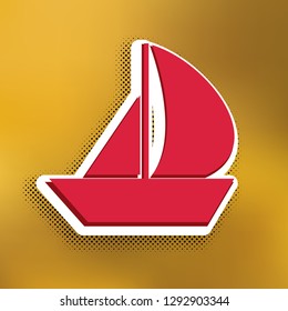 Sail Boat sign. Vector. Magenta icon with darker shadow, white sticker and black popart shadow on golden background.