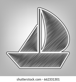 Sail Boat sign. Vector. Pencil sketch imitation. Dark gray scribble icon with dark gray outer contour at gray background.