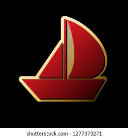 Sail Boat sign. Vector. Red icon with small black and limitless shadows at golden sticker on black background.