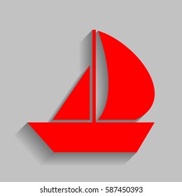 Sail Boat sign. Vector. Red icon with soft shadow on gray background.