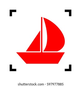 Sail Boat sign. Vector. Red icon inside black focus corners on white background. Isolated.