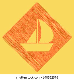 Sail Boat sign. Vector. Red scribble icon obtained as a result of subtraction rhomb and path. Royal yellow background.