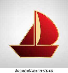 Sail Boat sign. Vector. Red icon on gold sticker at light gray background.
