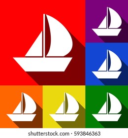 Sail Boat sign. Vector. Set of icons with flat shadows at red, orange, yellow, green, blue and violet background.