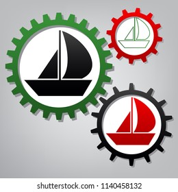 Sail Boat sign. Vector. Three connected gears with icons at grayish background.