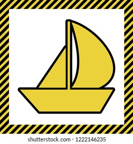 Sail Boat sign. Vector. Warm yellow icon with black contour in frame named as under construction at white background. Isolated.