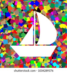Sail Boat sign. Vector. White icon on colorful background with seamless pattern from squares.