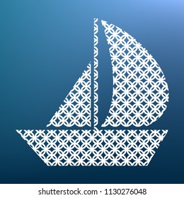 Sail Boat sign. Vector. White textured icon at lapis lazuli gradient background.