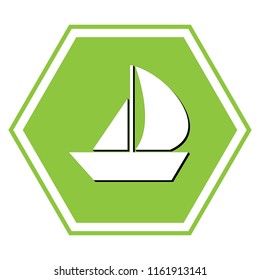 Sail Boat sign. Vector. White icon with black shadow at yellow green honeycomb on white background.