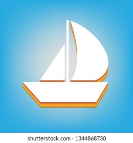 Sail Boat sign. Vector. White icon with 3d warm-colored gradient body at sky blue background.