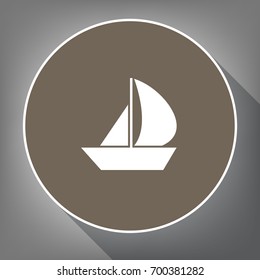 Sail Boat sign. Vector. White icon on brown circle with white contour and long shadow at gray background. Like top view on postament.