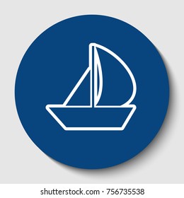 Sail Boat sign. Vector. White contour icon in dark cerulean circle at white background. Isolated.