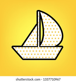 Sail Boat sign. Vector. Yellow polka dot white icon with black contour at warm yellow background.