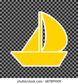 Sail Boat sign. Vector. Yellow icon with white contour on dark transparent background.