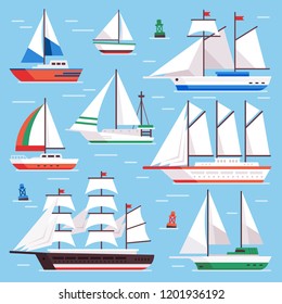 Sail boat. Transportation sailboat for water sailboat race. Flat luxury sailing, sail ship for ocean water boats race. Sailboats transportation vector isolated icons illustration set