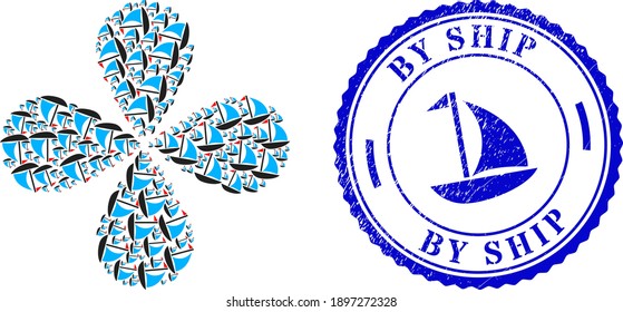 Sail boat twirl abstract flower, and blue round BY SHIP rough rubber print with icon inside. Element flower with 4 petals combined from oriented sail boat symbols. Vector flower collage in flat style.