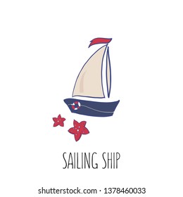 Sail boat vector illustration. Beautiful sea colors palette. Yachting logo. Cruise logotype. Cartoon illustartion for stickers, prints, postcards