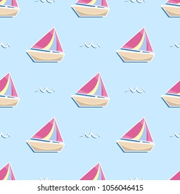 sail boat and wave cartoon object on blue background, vector illustration