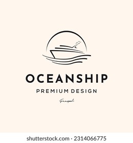 sail boat wave line art logo vector minimalist illustration design, sail boat in the ocean logo design