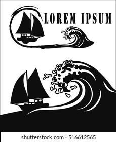 Sail boat and wave logo icon for companies, corporations, club, a new brand emblem white and black
