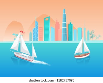 Sail boat with white canvas sailing in deep blue waters and leave trace vector on background of cityscape. Modern yacht marine nautical personal boats