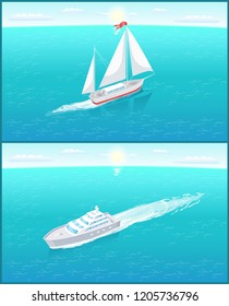 Sail boat with white canvas sailing and passenger liner in deep blue waters and leave trace vector. Modern yachts marine nautical personal boat icons