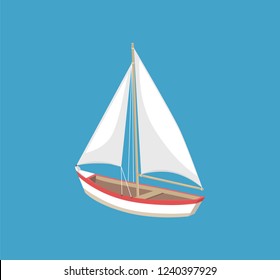 Sail boat with white canvas sailing vector illustration icon isolated on blue. Modern yacht marine nautical personal boat, ship for fishing, personal sailboat