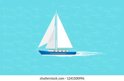 Sail boat with white canvas sailing in deep blue waters and leave trace vector illustration isolated. Modern yacht marine nautical personal boat icon