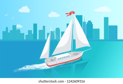 Sail boat with white canvas sailing in deep blue waters and leave trace vector at cityscape backdrop. Modern yacht marine nautical personal boat icon