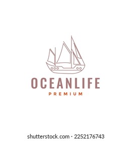 Segelschiff Holzsegler Segel Meer aussehende Fischlinien Logo Design Vektorsymbol Vorlage