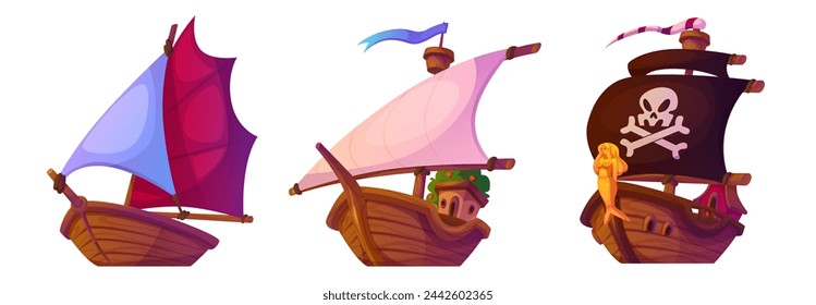 Sail boat with wooden deck and cloth masts. Fishing, viking and pirate vintage ships for tale or game ui design. Cartoon vector illustration set of water transport - ancient vessel and corsair.