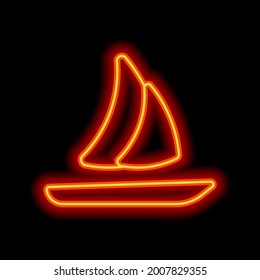 Sail boat or yacht, ship on the water, simple icon. Orange neon style on black background. Light linear icon with editable stroke