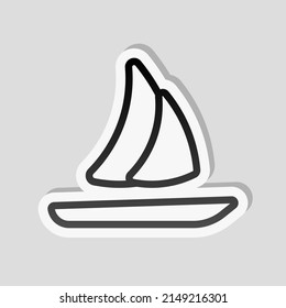 Sail boat or yacht, ship on the water, simple icon. Linear sticker, white border and simple shadow on gray background