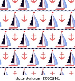 Sail boats and coral anchors nautical vector seamless pattern background for coastal style projects, fabric, packaging, wallpaper. Marine design in blue, coral, white, navy blue colors.