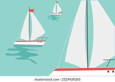 Sail boats on sea. Cute boats with sails on a blue isolated background. Sailboat and water waves. Vector illustration in a flat style. suitable for cards designs children books storybooks and posters 