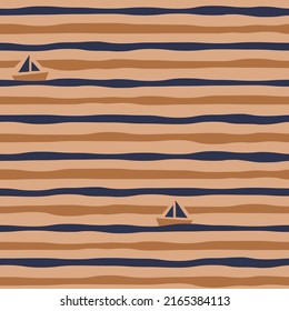 Sail boats on striped waves nautical seamless pattern