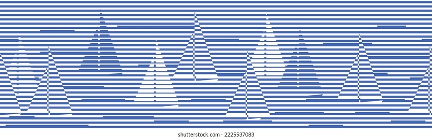 Sail boats in the sea. Stylized marine striped background. Seamless ribbon border. Vector illustration.