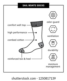 Sail boats socks. Vector illustration.  Sport socks with titles and icons: odor-guard, ventilation, durability, moisture management, comfort welt top, high performance, combed cotton