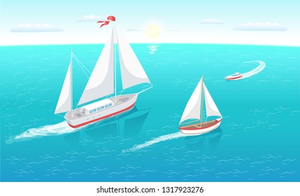 Sail boats with white canvas sailing in deep blue waters and leave trace vector illustration at seascape. Modern yacht marine nautical personal ships